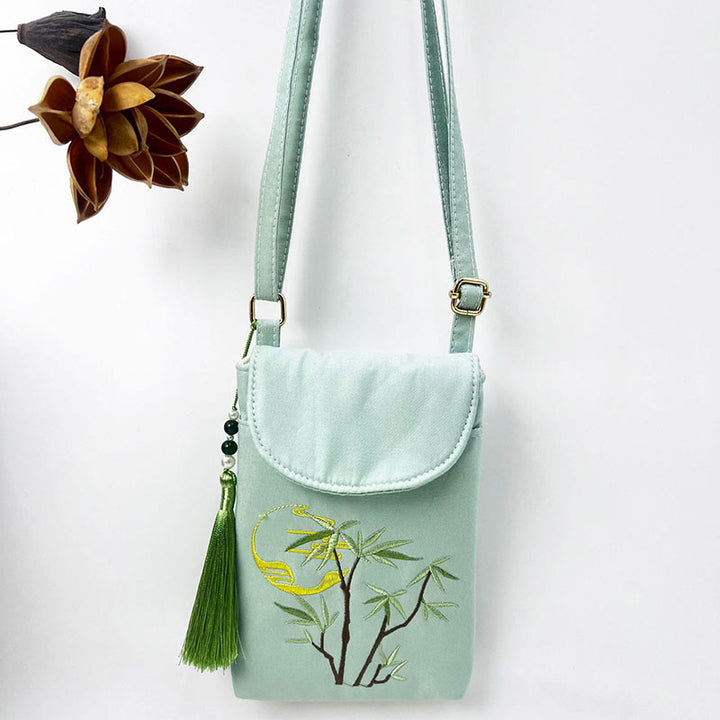 Bolso bandolera con flores bordadas pequeñas y Buddha Stones, bolso de hombro, bolso para móvil de doble capa