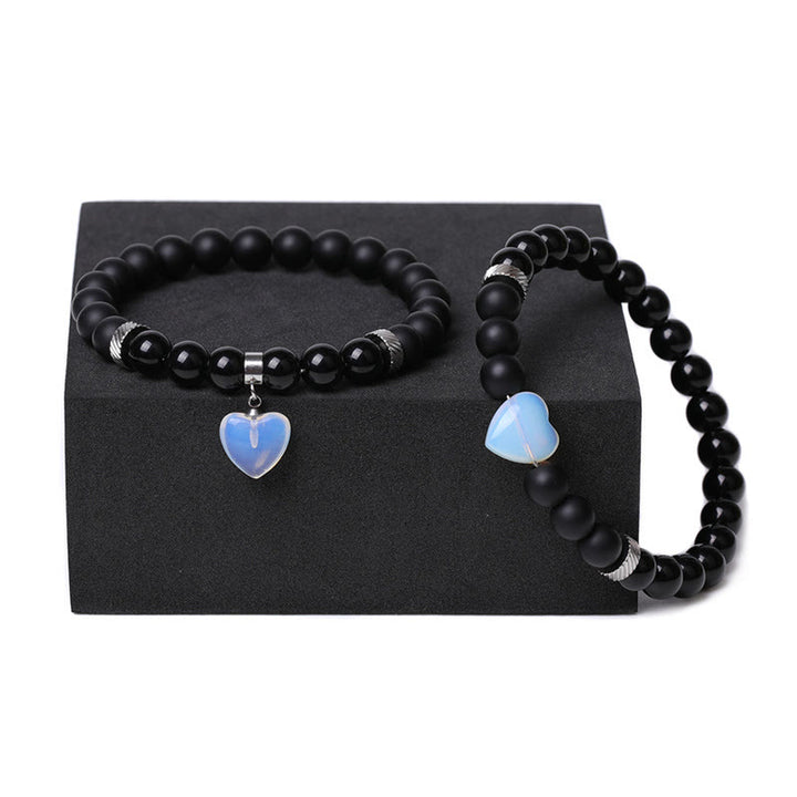 Buddha Stones 2 piezas de piedra de cristal de ónix negro amor protección del corazón pulsera de pareja