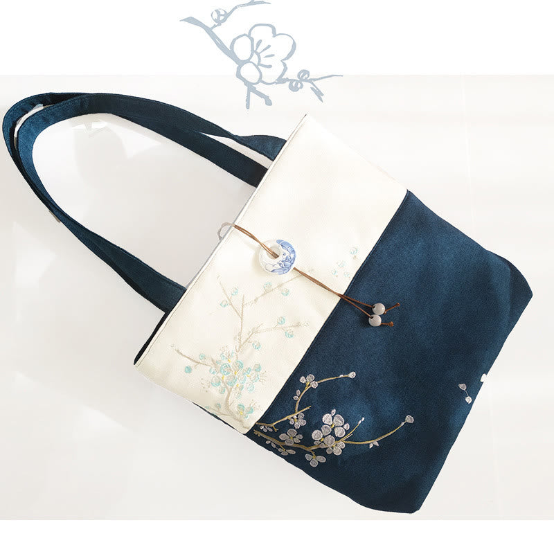 Bolso de hombro de gran capacidad con bordado de bambú, flor de pera, ciruelo, flor de melocotón, bolso de mano
