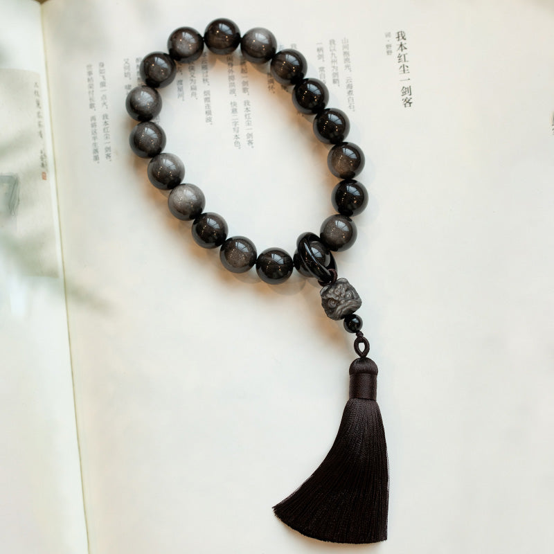 Obsidiana con brillo de plata Natural, León de obsidiana negra, protección Mala para muñeca, borlas, bolsillo, decoración para coche