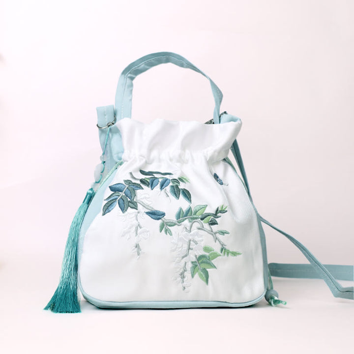 Buddha Stones Flores bordadas Wisteria Lily Algodón Lino Tote Bolso bandolera Bolso de hombro Bolso