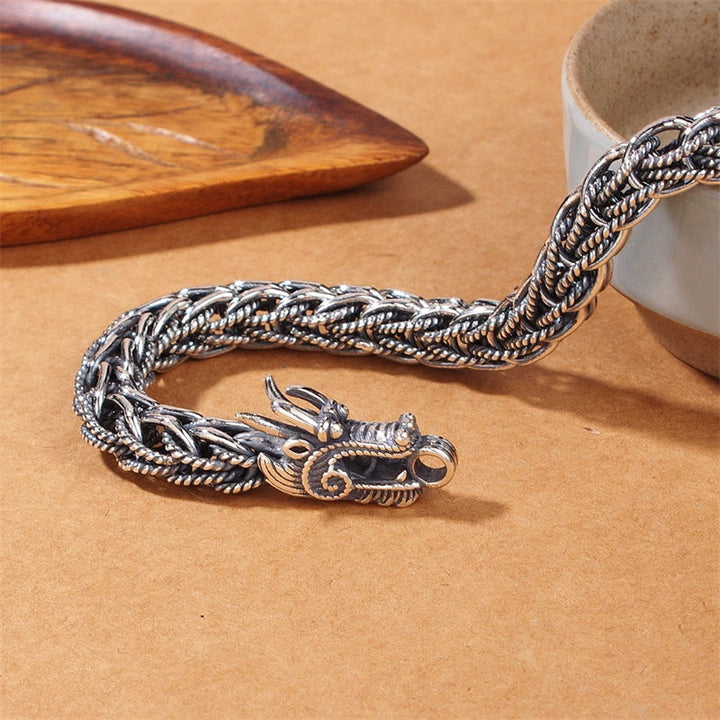 Brazalete de pulsera de fuerza de éxito de dragón de plata de ley 925 con Buddha Stones