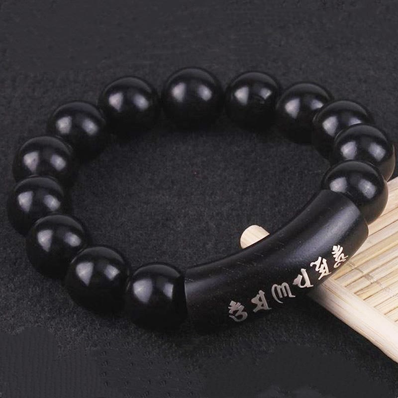 Pulsera de equilibrio con incrustaciones de Om Mani Padme Hum de madera de ébano de plata de ley 999 con Buddha Stones