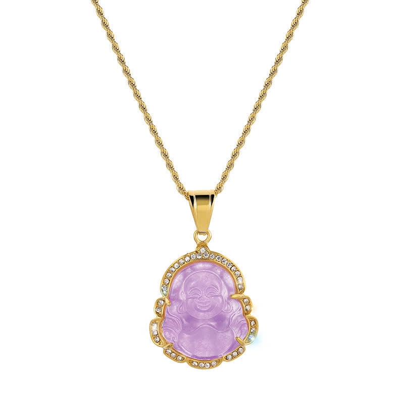 Colgante de cadena con collar de la suerte de jade de Buda sonriente relleno de oro de 18 quilates con Buddha Stones - Púrpura claro - image 14