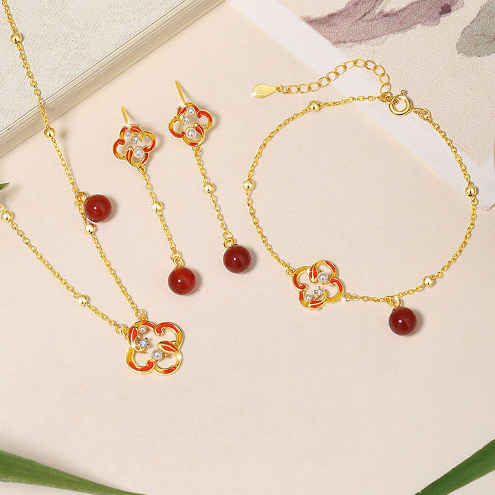 Juego de pendientes y collar con colgante de trébol de cuatro hojas, Plata de Ley 925, Buddha Stones , ágata roja, perla, riqueza