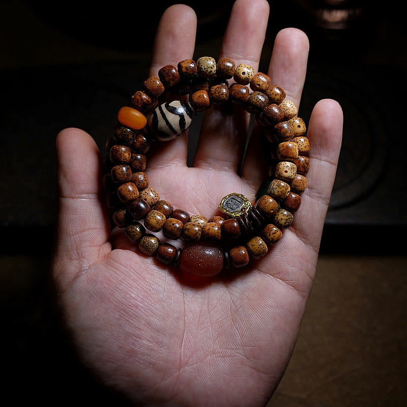 Buddha Stones tibetano Bodhi semilla ámbar Dzi cuentas ágata Zakiram diosa de la riqueza cuentas Triple envoltura pulsera