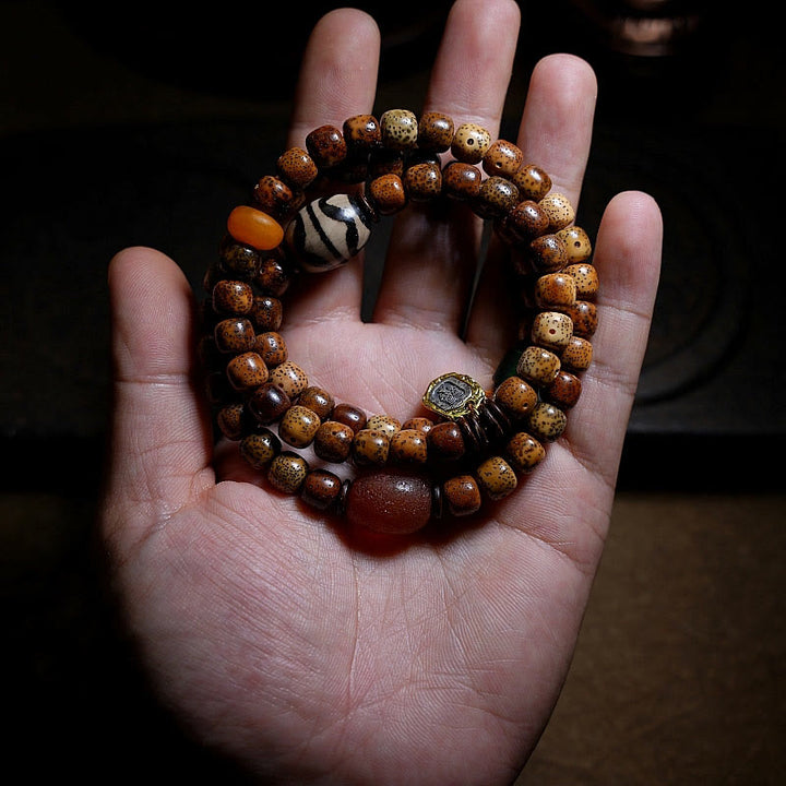 Buddha Stones tibetano Bodhi semilla ámbar Dzi cuentas ágata Zakiram diosa de la riqueza cuentas Triple envoltura pulsera