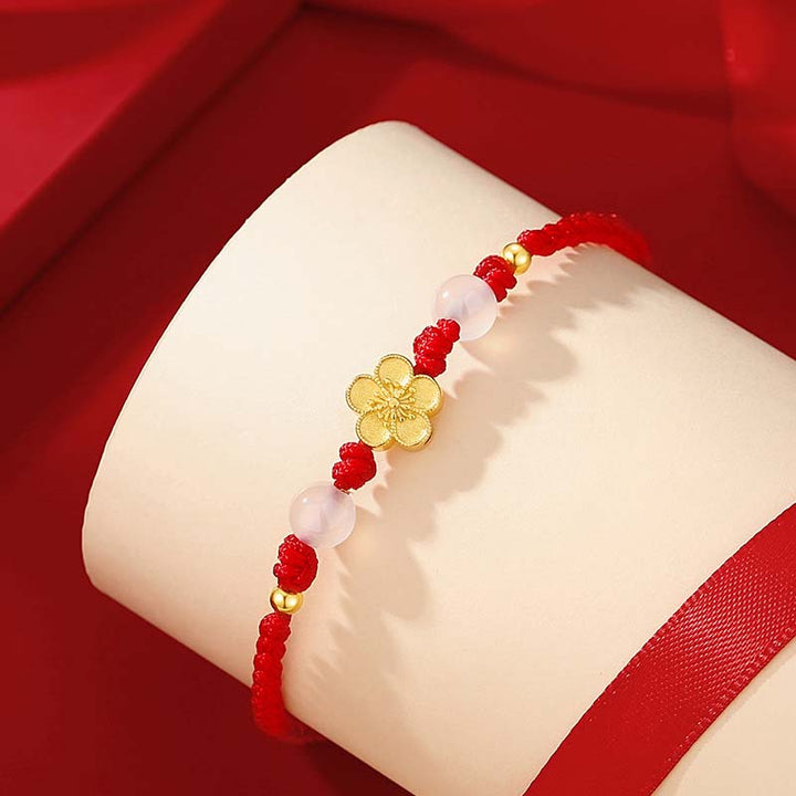 Pulsera de cuerda roja de la suerte con cuentas de calcedonia de cerezo y flor de melocotón de Plata de Ley 925 hecha a mano con Buddha Stones