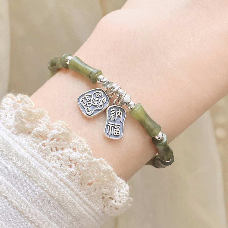 Pulsera de plata de ley 925 con Buddha Stones , bambú, jade, gato de la suerte, carácter Fu, suerte y abundancia - image 9