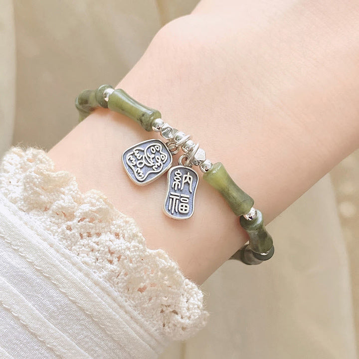 Pulsera de plata de ley 925 con Buddha Stones , bambú, jade, gato de la suerte, carácter Fu, suerte y abundancia - image 9