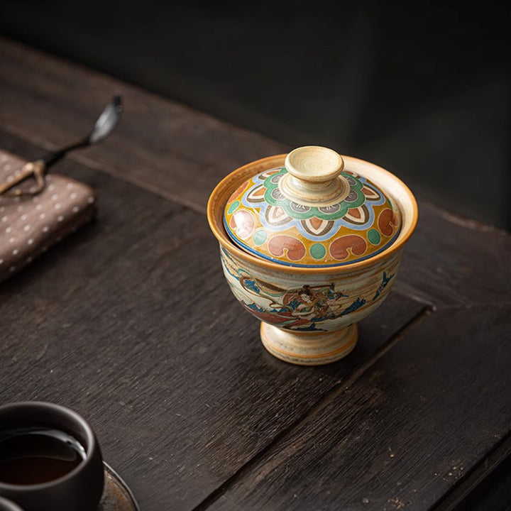 Taza de té de cerámica Gaiwan Sancai de Dunhuang Flying Apsaras con Buddha Stones, taza de té de Kung Fu con tapa
