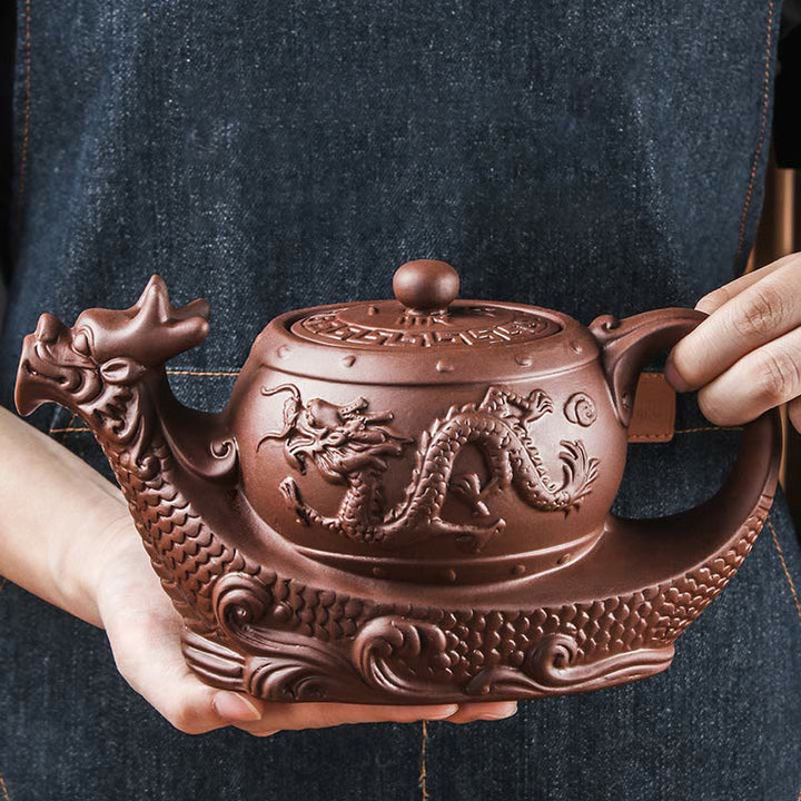 Tetera de cerámica de arcilla púrpura con nubes propicias de dragón Vintage con Buddha Stones