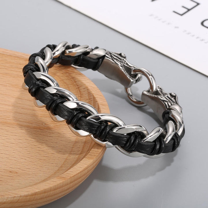 Pulsera trenzada de la suerte con protección de acero titanio y cuero de dragón