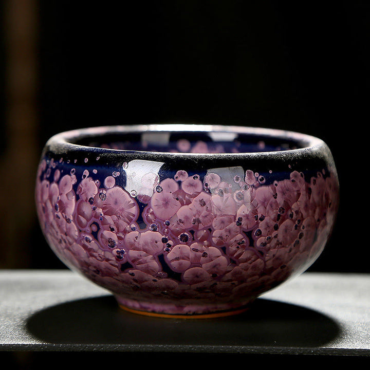 Taza de té de porcelana con Buddha Stones, flores de Iris coloridas, horno chino Jianzhan, cambio, Tenmoku, Kung Fu