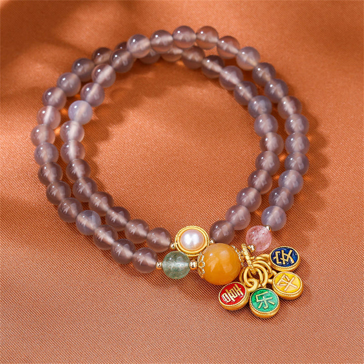 Pulsera de doble vuelta con dije de paz y alegría de ágata gris natural con Buddha Stones