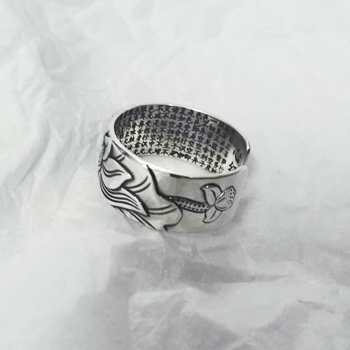 Anillo de protección Sutra de corazón con símbolo de loto de plata de ley 999 con Buddha Stones