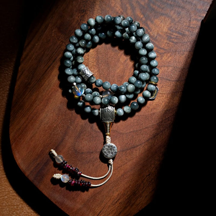 Buddha Stones Plata de Ley 925 108 Cuentas Mala Piedra Ojo de Águila Pulsera Positiva de Piedra Lunar