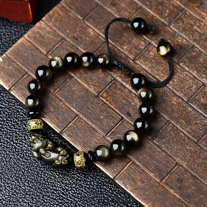 Pulsera trenzada de obsidiana con brillo de oro natural, Buddha Stones , PiXiu Om Mani Padme Hum, riqueza