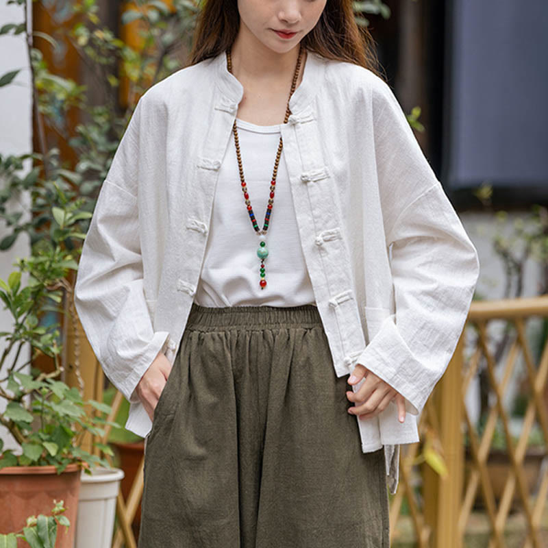 Camisa con diseño de botones de rana y Buddha Stones , ropa superior para meditación de Tai Chi, chaqueta de lino de ramio