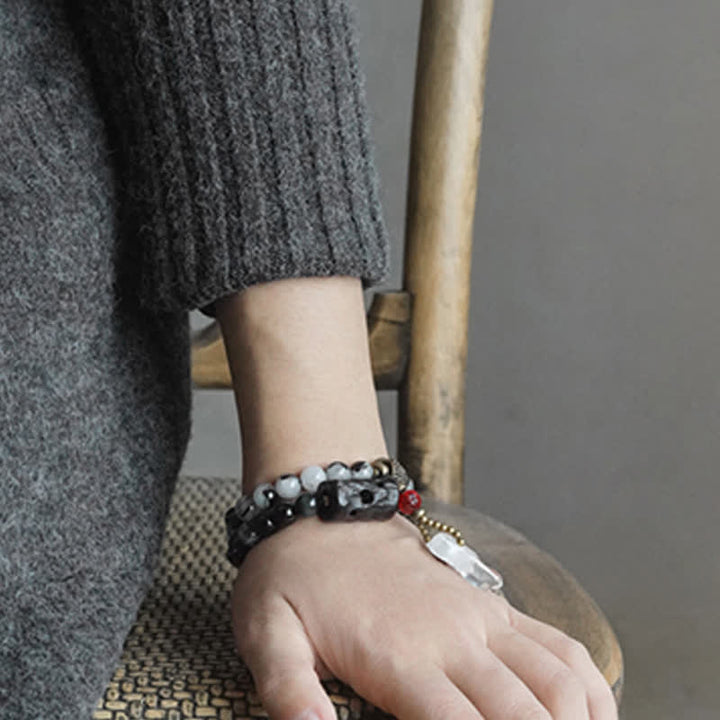 Pulsera de pareja de éxito de cristal blanco de madera de ébano de cuarzo rutilado negro