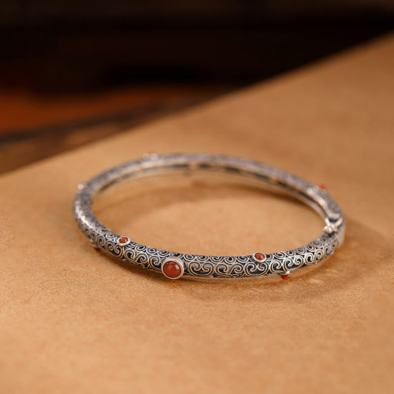 Brazalete de pulsera de la suerte de cobre con ágata roja grabada con diseño de flor de la dinastía Tang Vintage