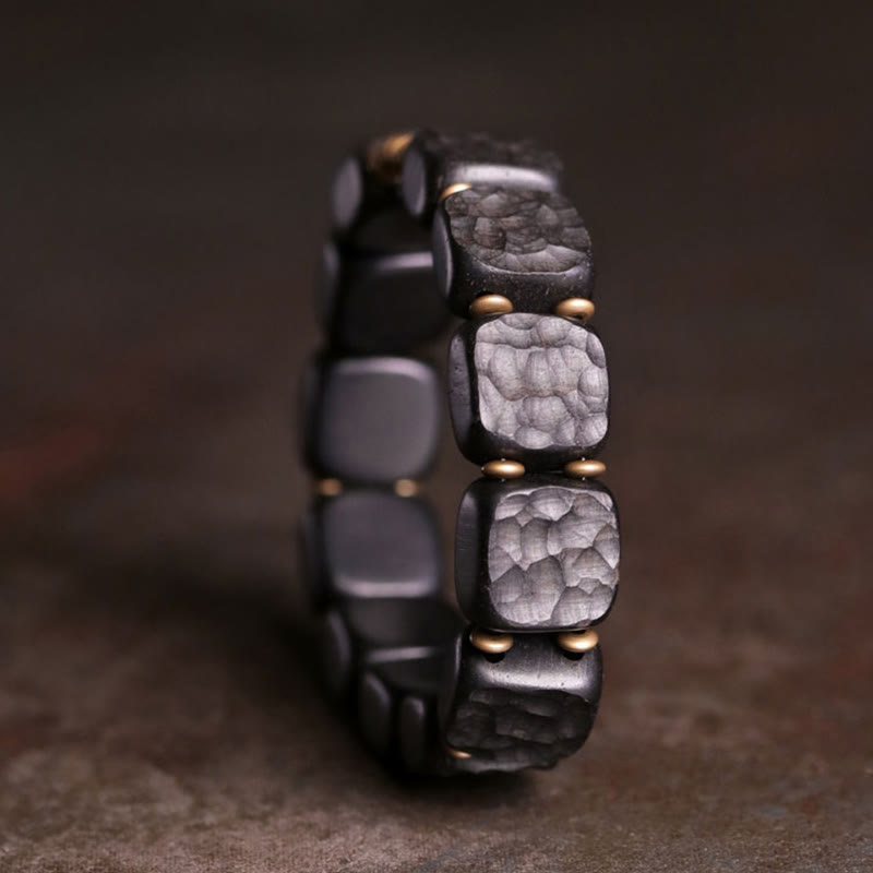 Pulsera de equilibrio de paz de cobre estilo textura de madera de ébano retro con Buddha Stones