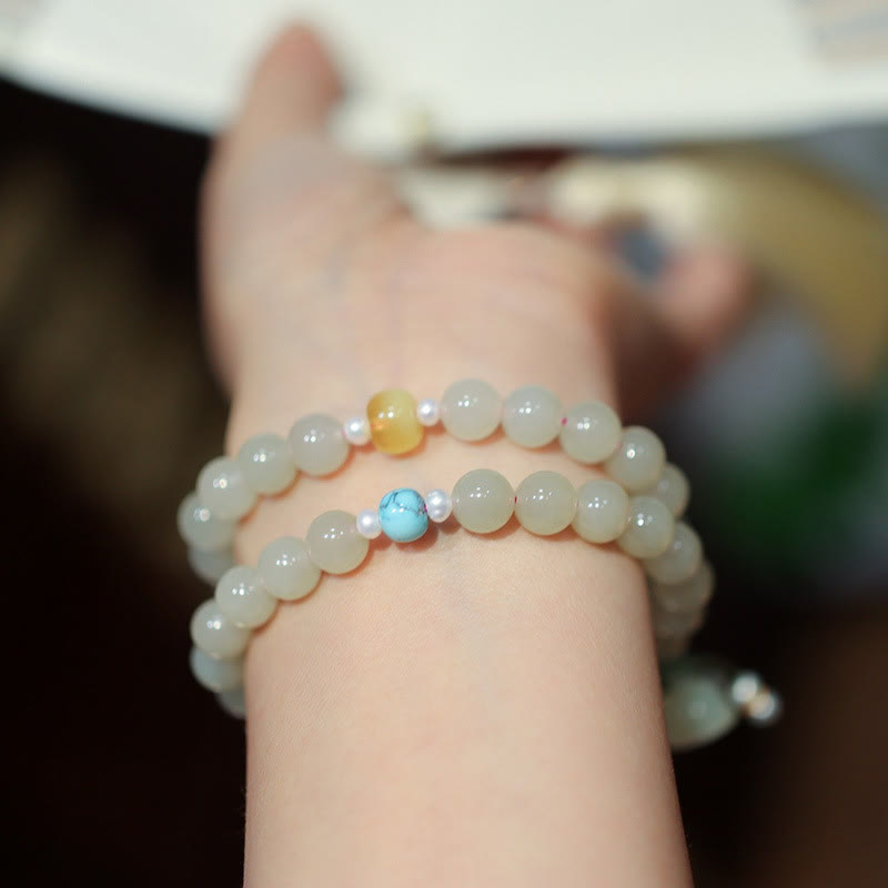 Pulsera de doble vuelta con doble hebilla de la paz y jade hetiano de plata de ley 925 con Buddha Stones