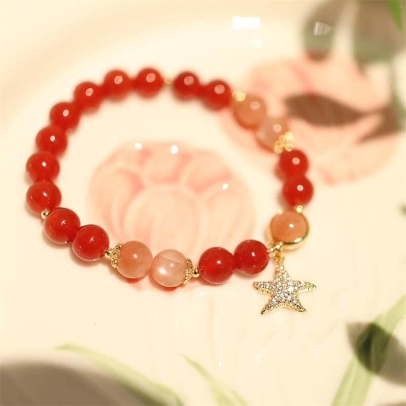 Pulsera de riqueza de estrella de cristal de ágata roja, piedra lunar, melocotón, piedra solar
