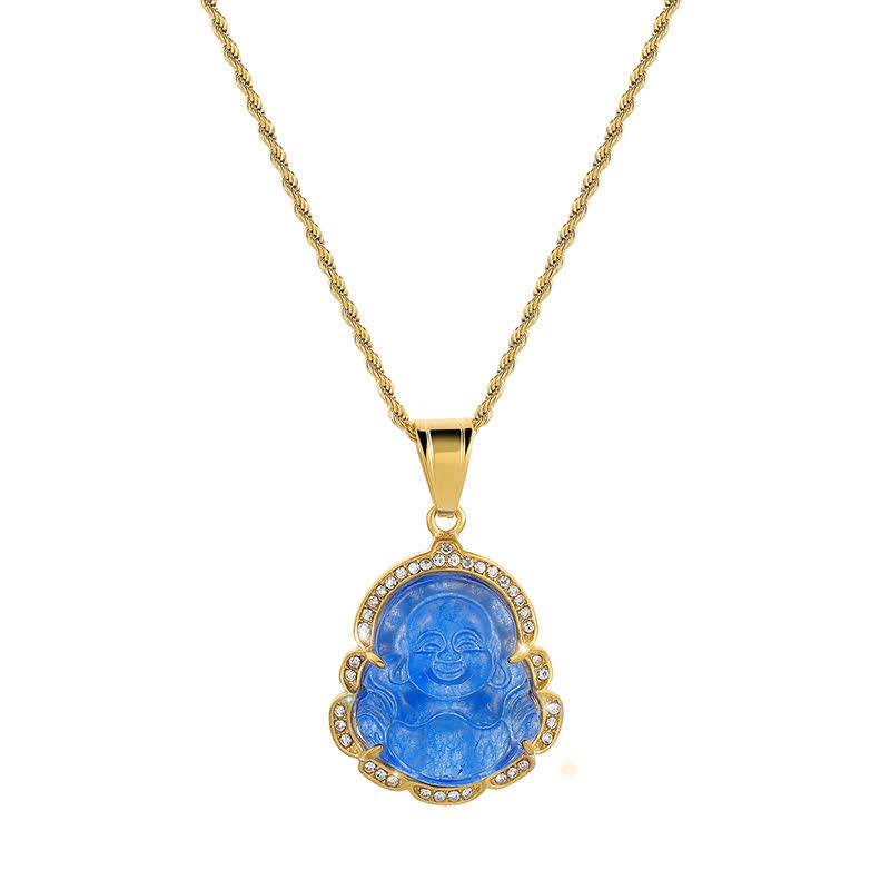 Colgante de cadena con collar de la suerte de jade de Buda sonriente relleno de oro de 18 quilates con Buddha Stones - Azul - image 15
