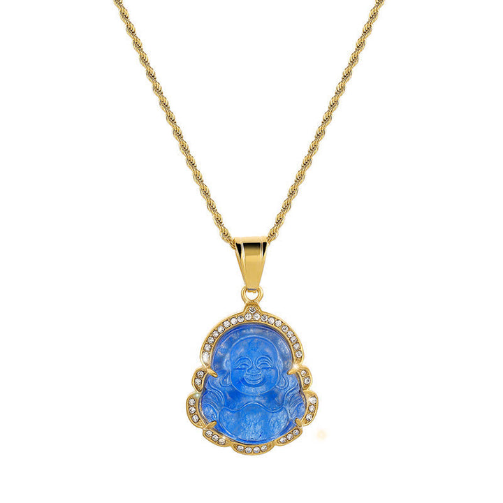 Colgante de cadena con collar de la suerte de jade de Buda sonriente relleno de oro de 18 quilates con Buddha Stones - Azul - image 15