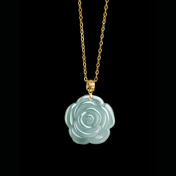 Collar con colgante de jade natural y rosa de la suerte con cadena de plata de ley 925 y hebilla de oro de 18 quilates con Buddha Stones - image 2