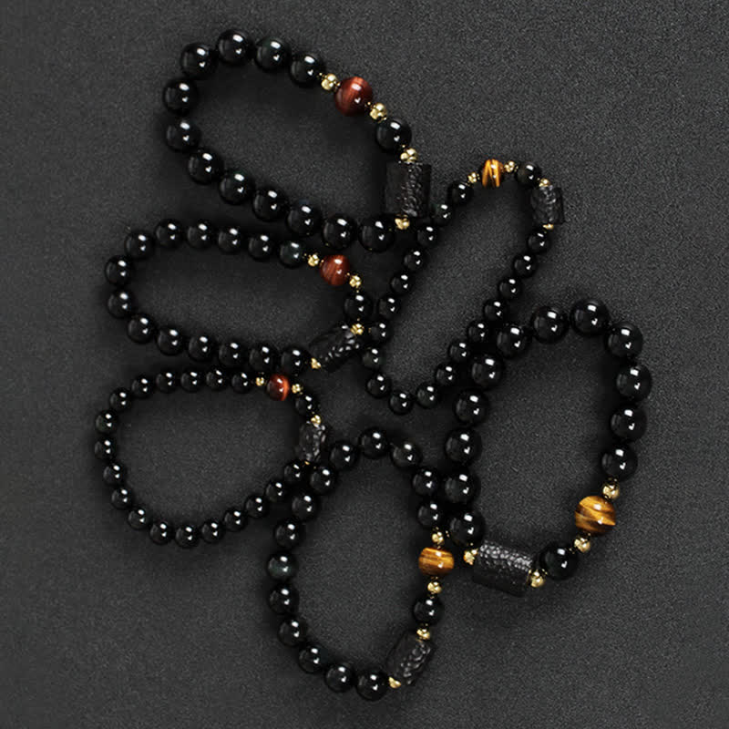 Pulsera de pareja de fuerza de ojo de tigre rojo de madera de ébano de obsidiana negra