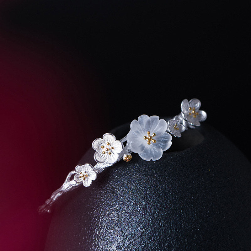 Pulsera ajustable con Buddha Stones de plata de ley 925 con flor de ciruelo y bendición