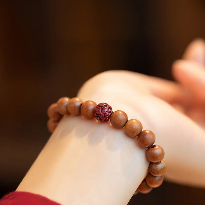 Pulsera de riqueza y suerte con Buddha Stones, madera de melocotón, loto, cinabrio