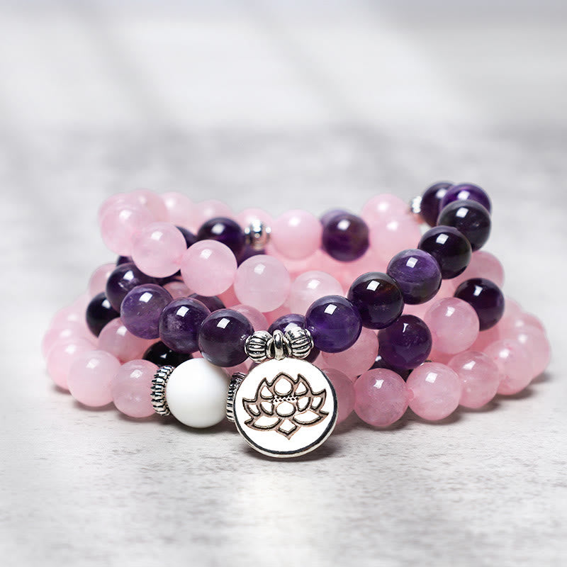 Pulsera con colgante de loto con cuentas Mala de cuarzo rosa natural y amatista con Buddha Stones - image 0