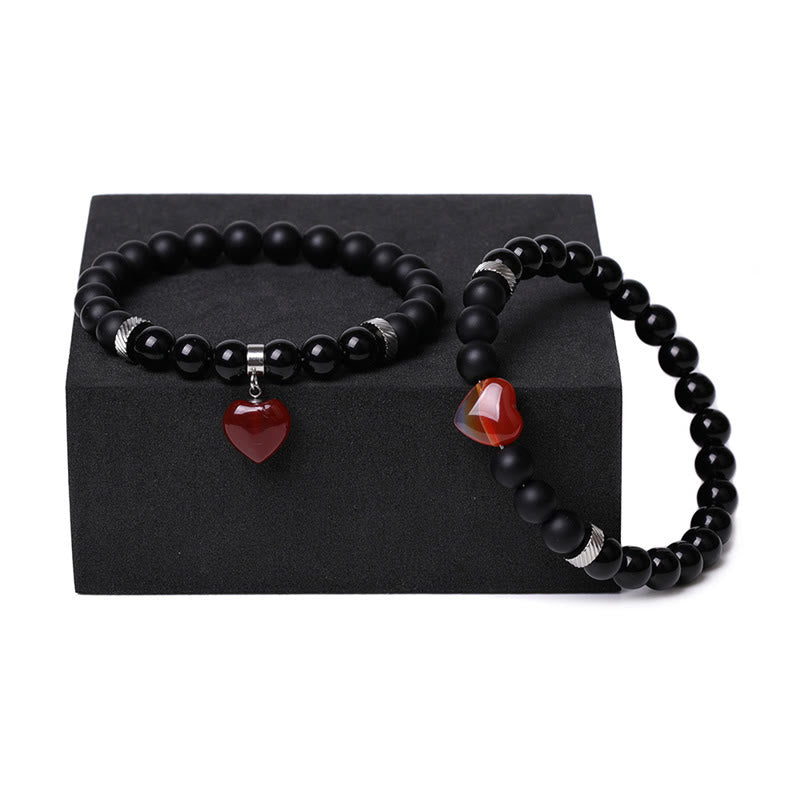 Buddha Stones 2 piezas de piedra de cristal de ónix negro amor protección del corazón pulsera de pareja