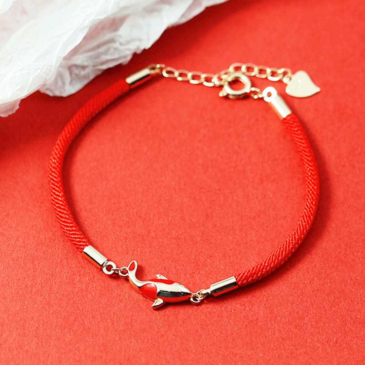Juego de pendientes y pulsera de cuerda roja con colgante de collar de pez Koi de cobre con Buddha Stones