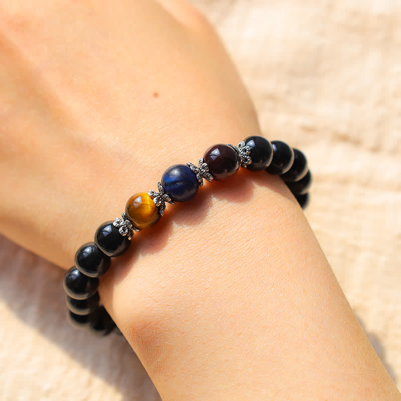 Pulsera de fuerza de ojo de tigre tricolor de obsidiana negra natural