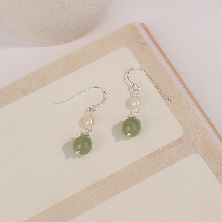 Pendientes de sabiduría de jade y perlas naturales de plata de ley 925 con Buddha Stones
