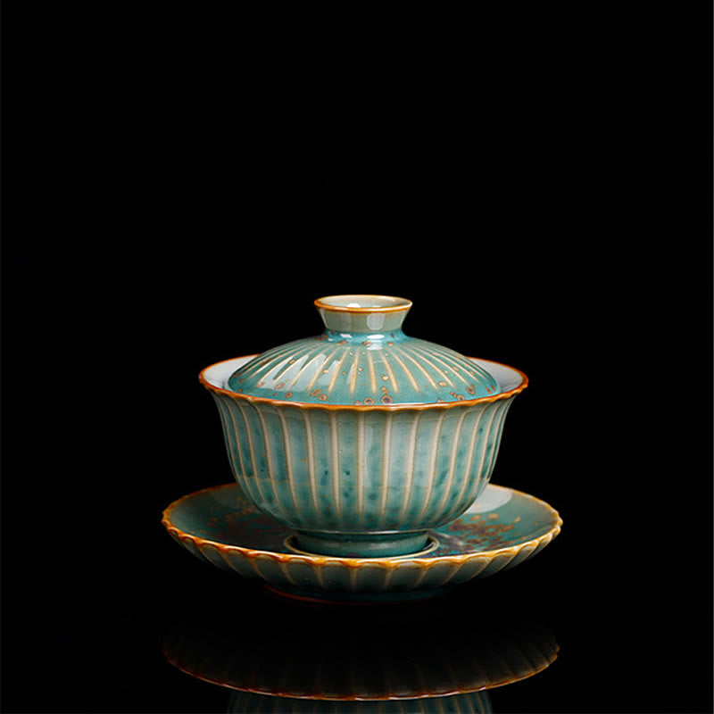 Taza de té y platillo con tapa, cerámica Gaiwan Sancai, cambio de horno de esmalte Retro, Buddha Stones , Kung Fu - image 17