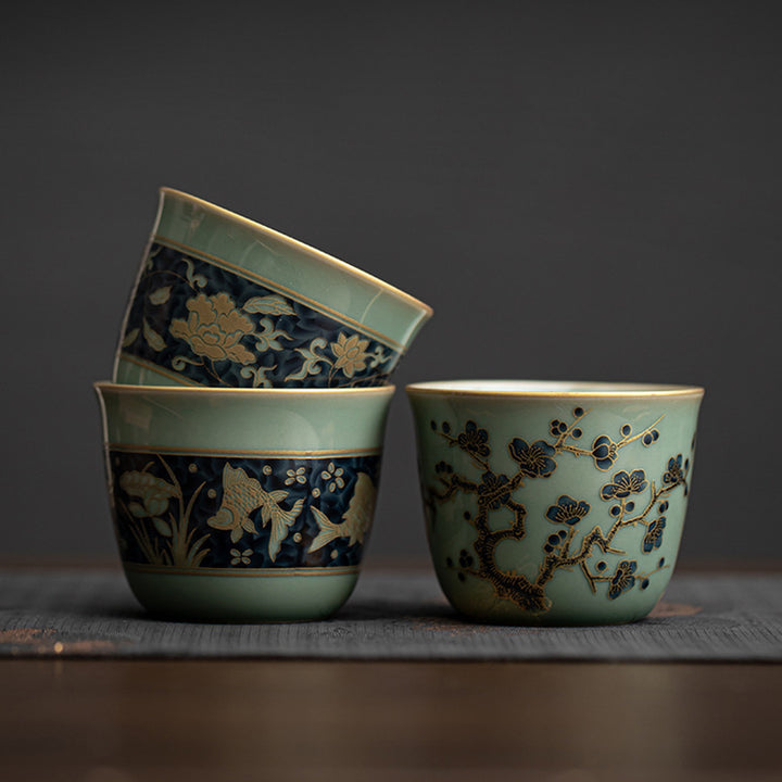 Taza de té de Buddha Stones, flor de mariposa, loto, pez Koi, flor de ciruelo, taza de té de Kung Fu, 100ml