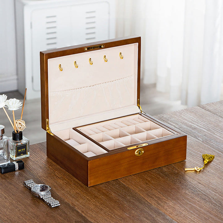 Caja de joyería de madera vintage con Buddha Stones, caja de almacenamiento de joyería de madera maciza de dos capas