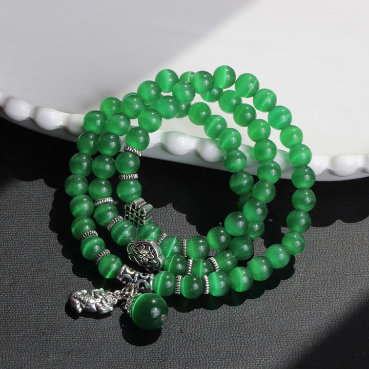 Pulsera de triple vuelta con soporte PiXiu de ojo de gato y Buddha Stones