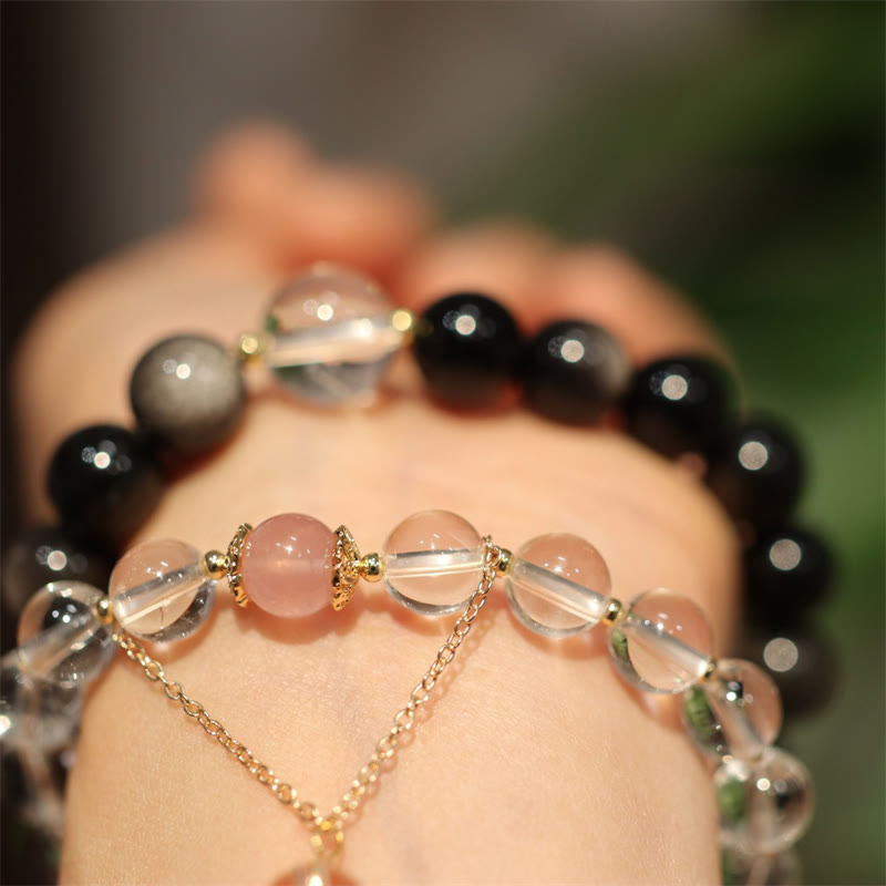 Pulsera de pareja de Color Yin Yang con protección de cristal blanco de cristal rosa obsidiana con brillo de plata Natural