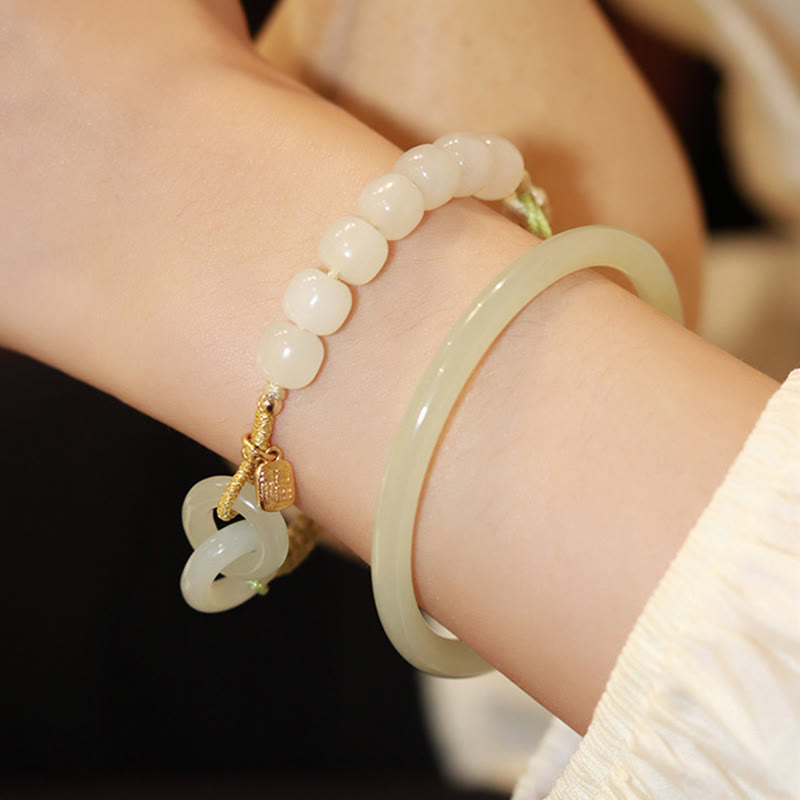Pulsera trenzada con doble hebilla de paz y cuentas de jade hetiano natural, Buddha Stones, carácter Fu, abundancia