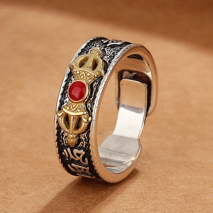 Anillo de sabiduría con diseño de Dorje Vajra de ágata roja tibetana Om Mani Padme Hum con Buddha Stones