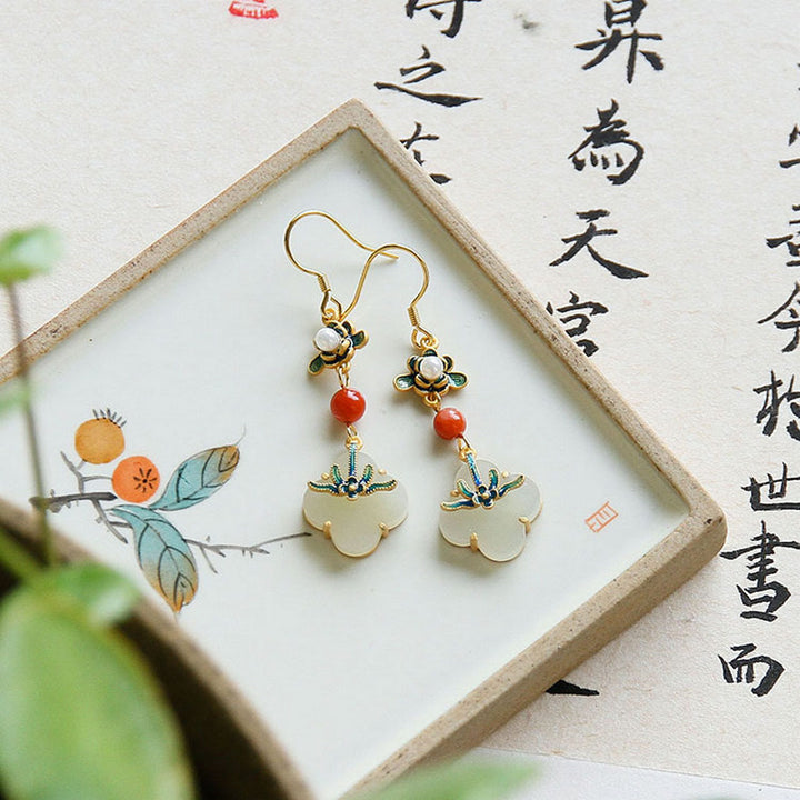 Pendientes de cobre con abundancia de jade, trébol de cuatro hojas de la suerte, Buddha Stones