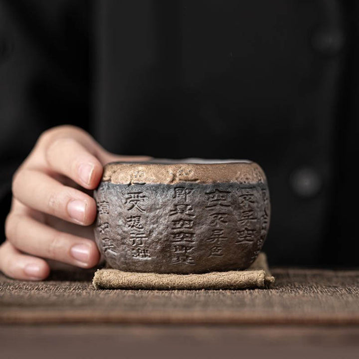 Taza de té de cerámica grabada con Sutra del corazón de Buddha Stones, taza de té de Kung Fu de 130ml