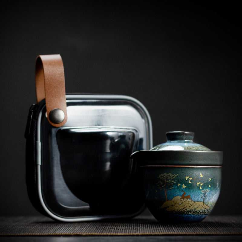 Taza de té de cerámica con Buddha Stones , ciervo, árboles de montaña, gato encantador, taza de té negra con tapa y bolsa