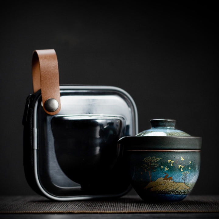 Taza de té de cerámica con Buddha Stones , ciervo, árboles de montaña, gato encantador, taza de té negra con tapa y bolsa